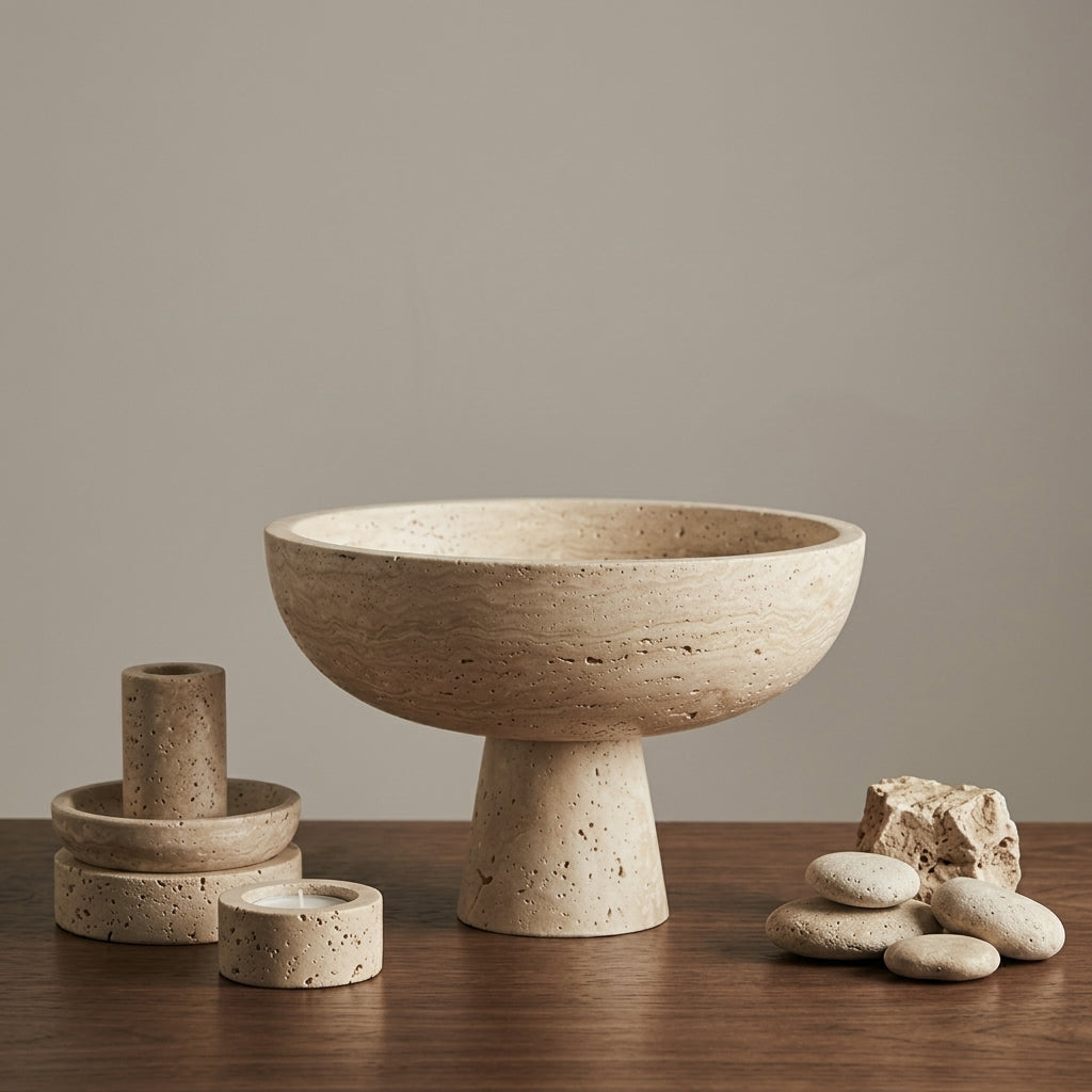 Handcrafted Organic Travertine Pedestal Vessel