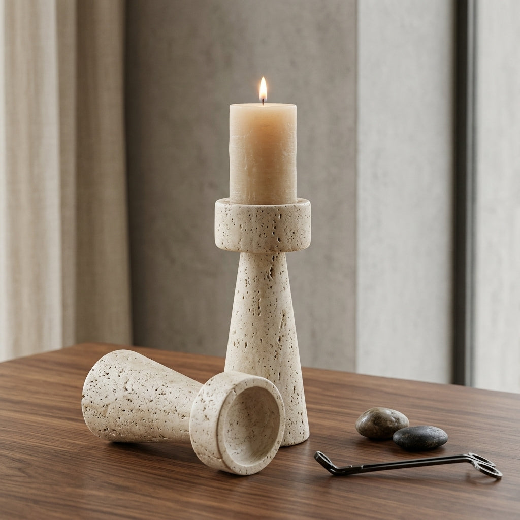 Altura Travertine Candle Holders – Handmade Natural Stone 2-Piece Set