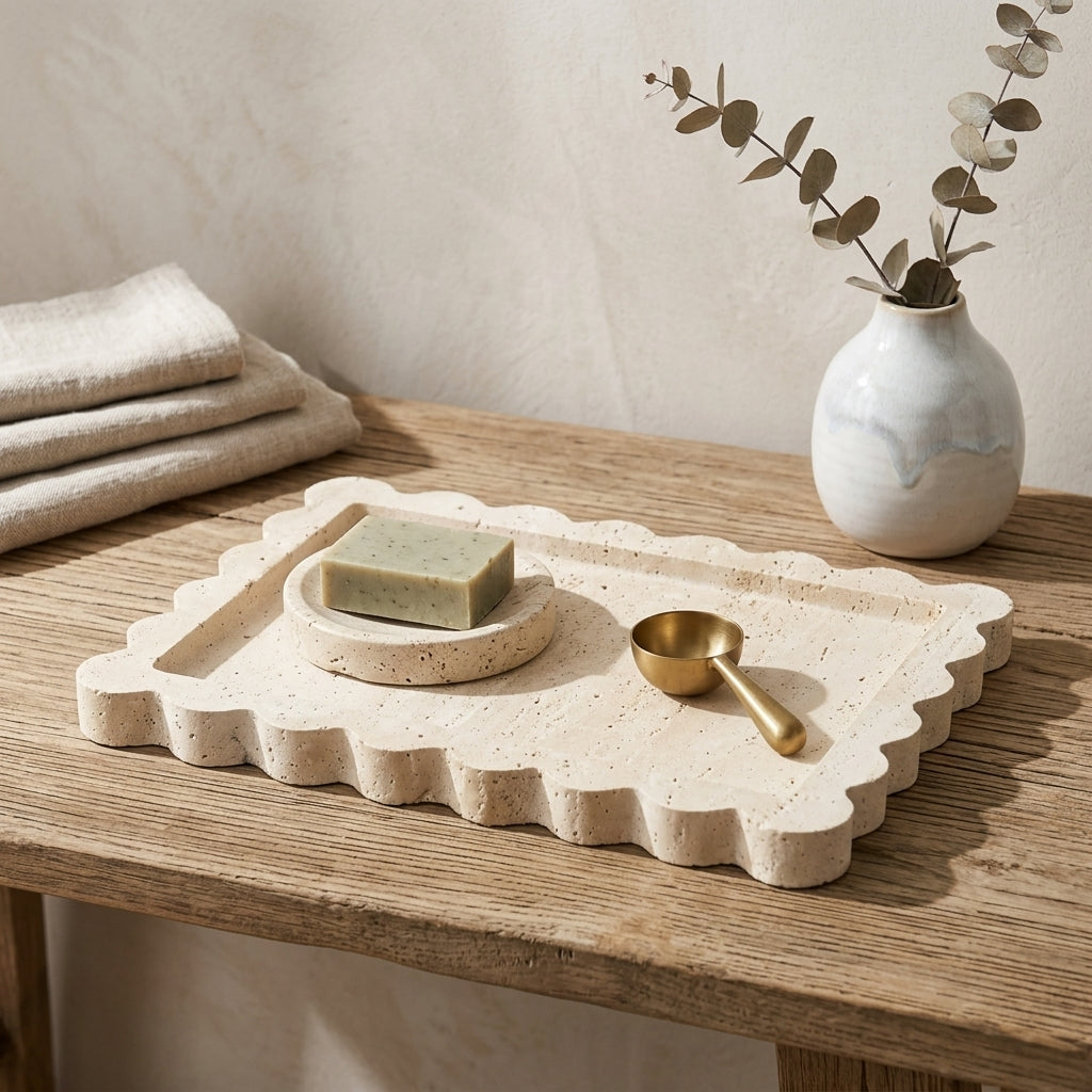 Sculpted Travertine Wave Catchall Tray