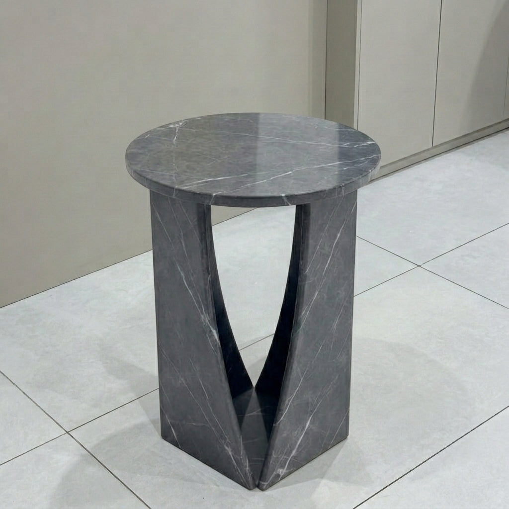 Marwood V-Leg Sculptural Round Marble Side Table