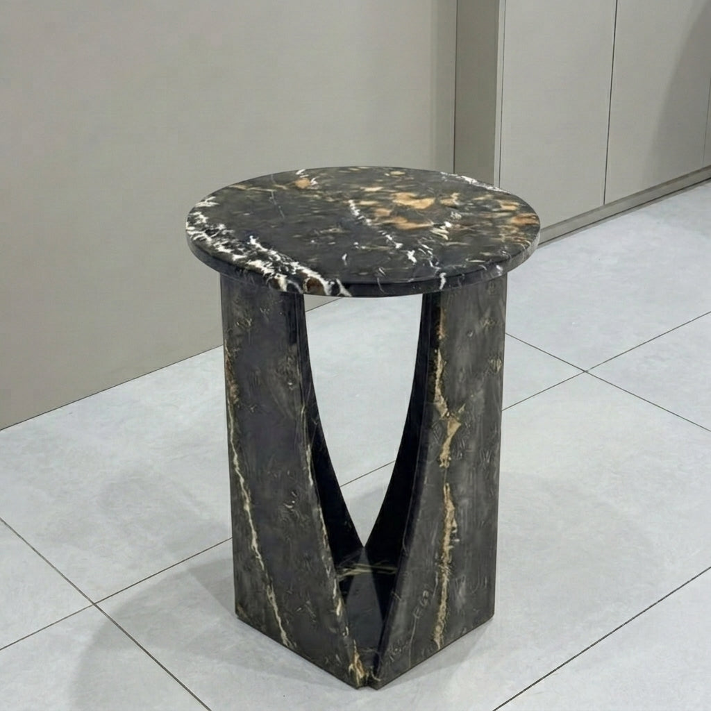 Marwood V-Leg Sculptural Round Marble Side Table
