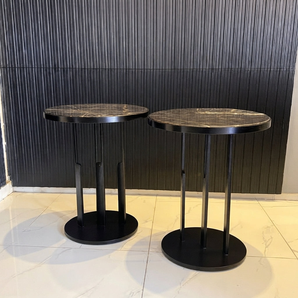 Marwood Fluted Pedestal Marble & Metal Side Table (Set of 2)