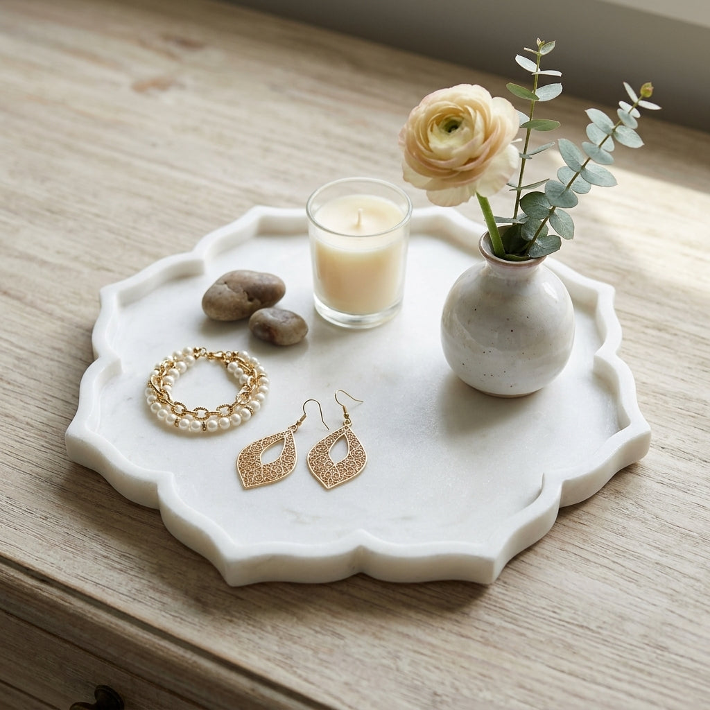 Artisan Petal-Edge White Marble Decorative Plate