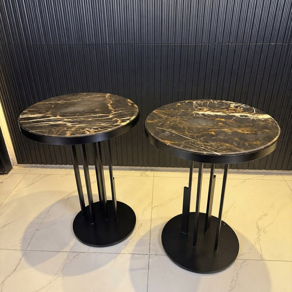 Marwood Fluted Pedestal Marble & Metal Side Table (Set of 2)