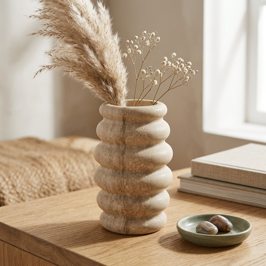 Undulating Travertine Ceramic-Style Flower Vase