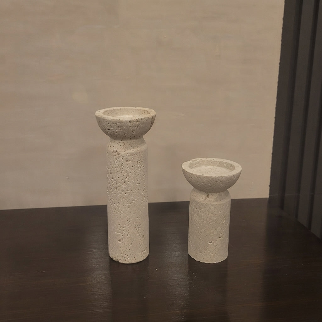 Travertine Pedestal Candle Holders (Set of 2)