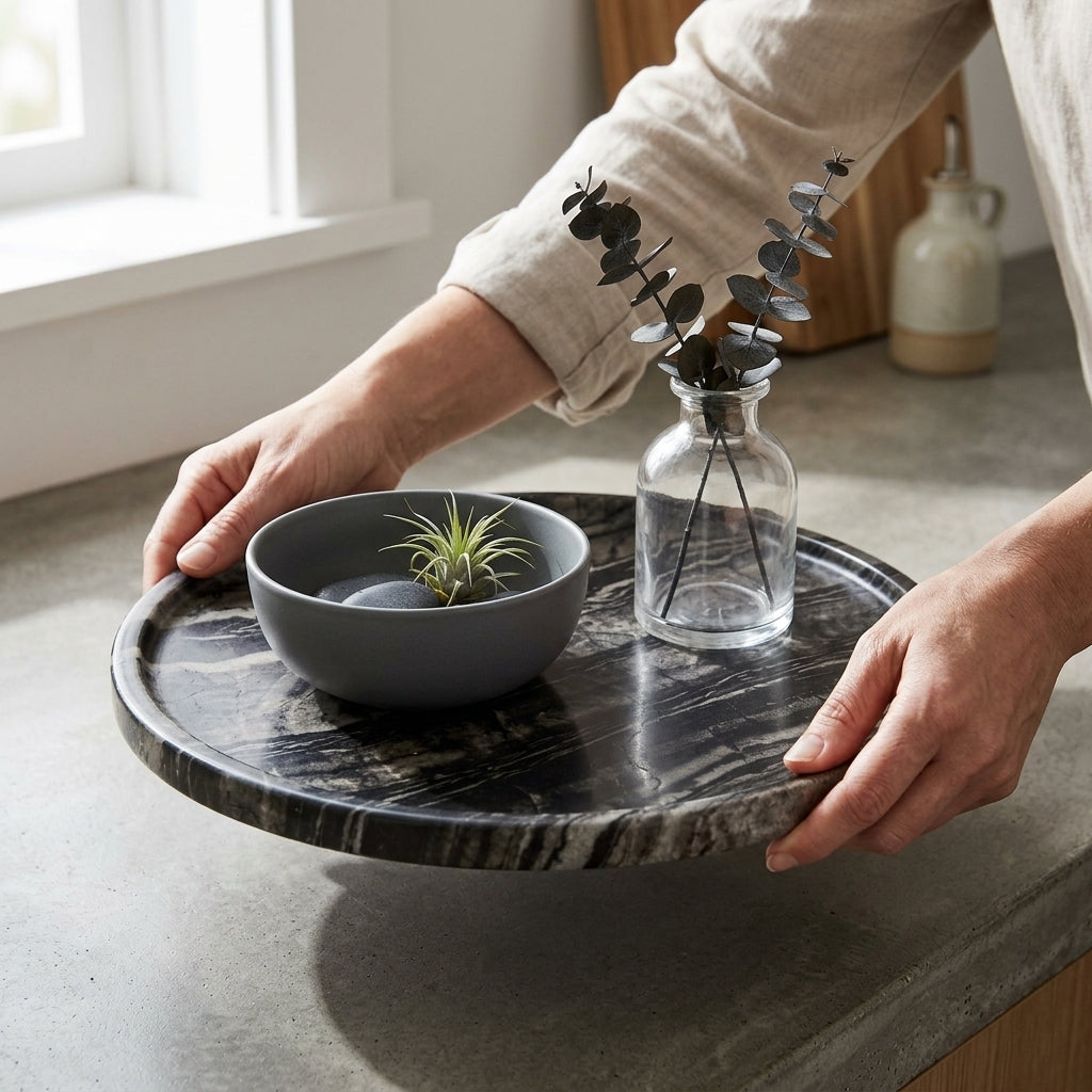 Midnight Slate Marble Round Tray