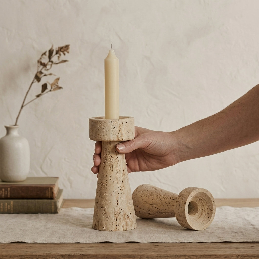 Altura Travertine Candle Holders – Handmade Natural Stone 2-Piece Set