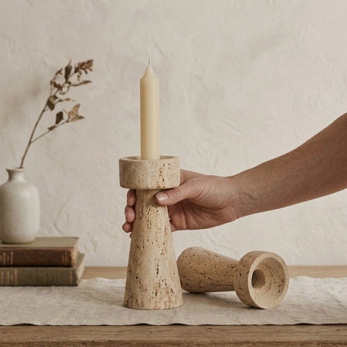 Altura Travertine Candle Holders – Handmade Natural Stone 2-Piece Set