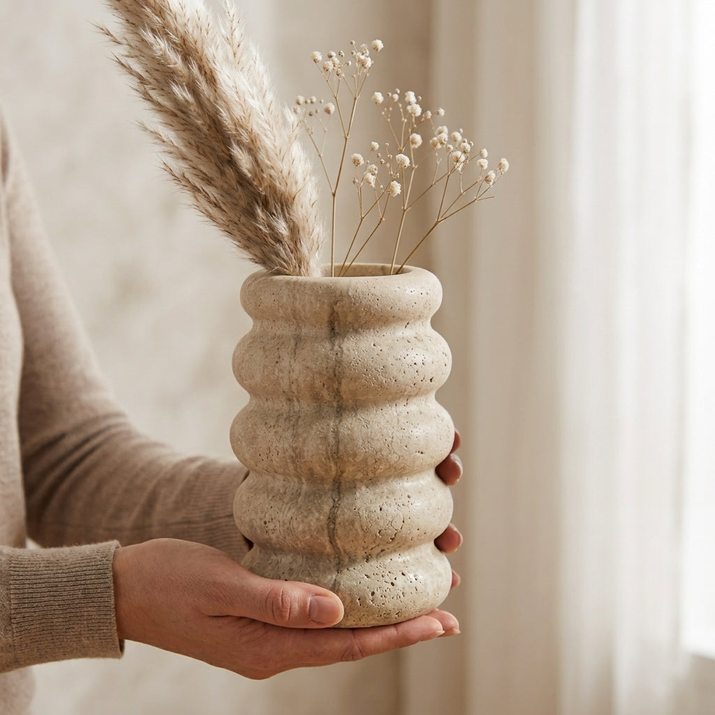 Undulating Travertine Ceramic-Style Flower Vase