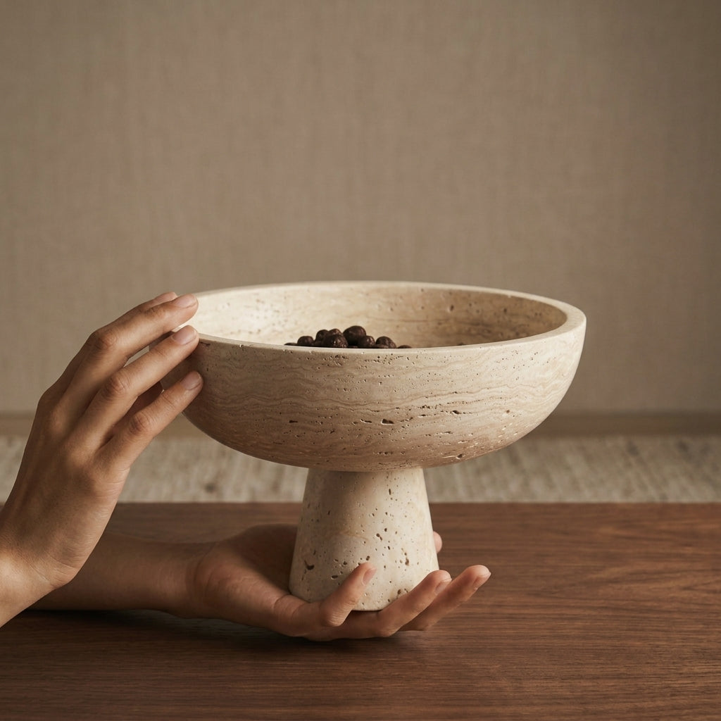 Handcrafted Organic Travertine Pedestal Vessel