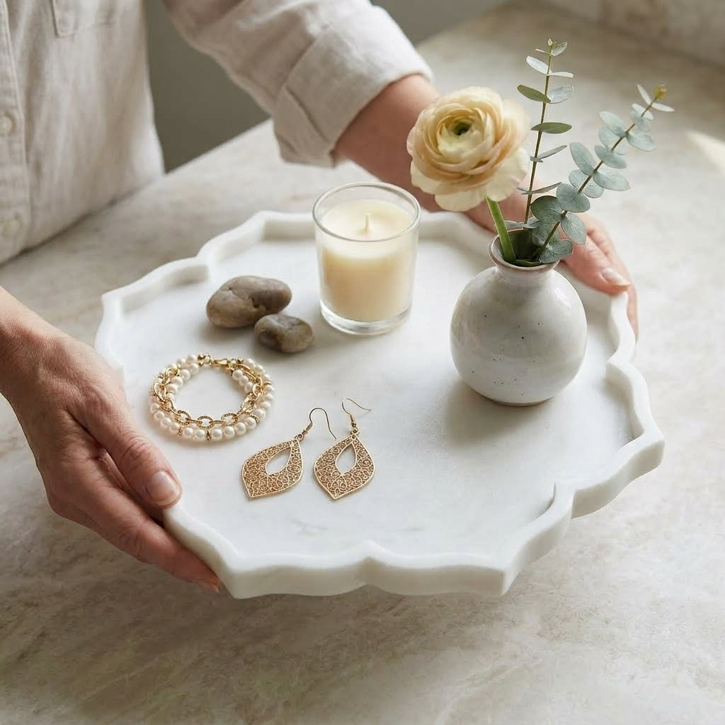 Artisan Petal-Edge White Marble Decorative Plate